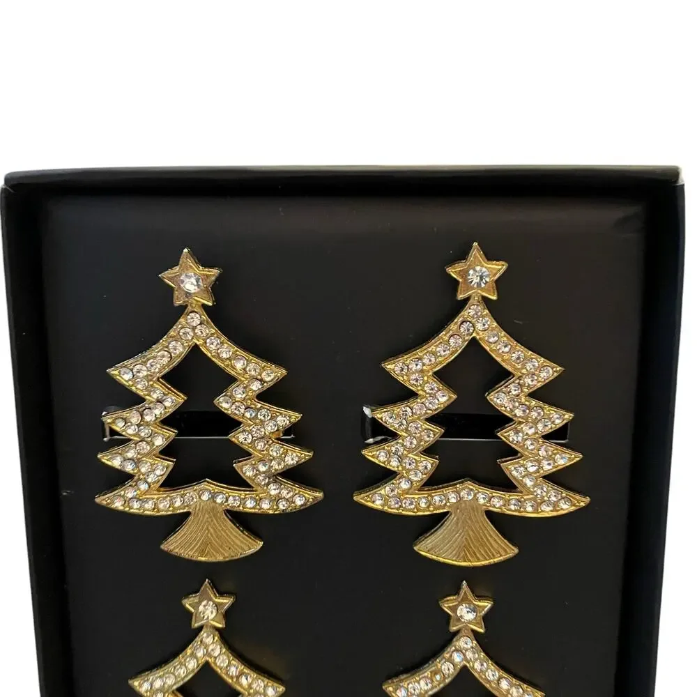 TAHARI Home Gold Rhinestone Christmas Tree Shaped Napkin Rings Set of 8 New - Picture 2 of 15